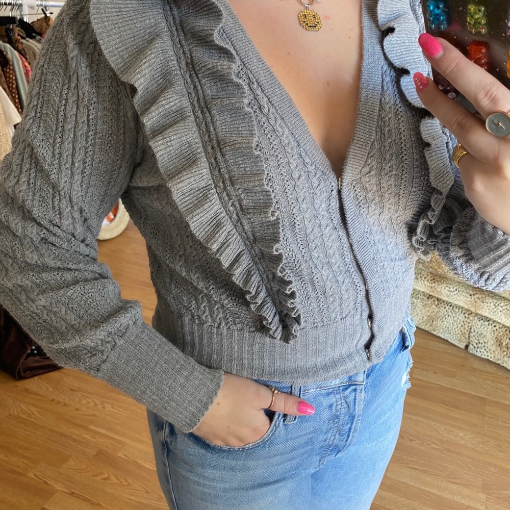 HM grey button up ruffle cardigan sweater - Picture 2 of 3
